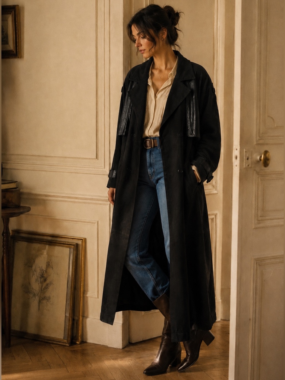 Long Full Length Black Suede Leather Double Breasted Trench Medium/Large